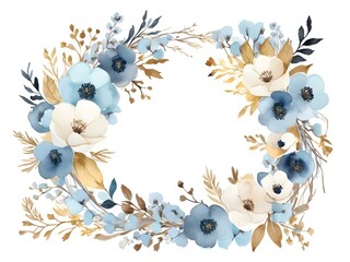 abstract pastel Watercolor floral season wreath with flowers, blue branches, brown, gold on a white background