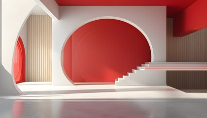 Wall Mural - Red Minimalist Three-Dimensional Architectural Interior with Abstract Elements