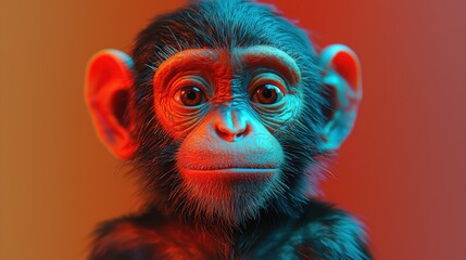 A young monkey gazes curiously at the camera, showcasing its expressive, innocent features against a colorful background