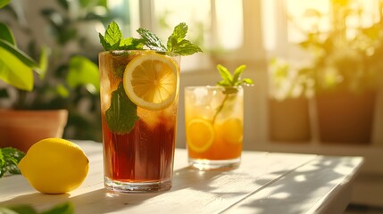 Two refreshing iced tea drinks with lemon slices and mint leaves in glasses on a white table with a blurry background of plants and sunlight.