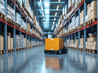 Leinwandbilder - an automated guided vehicle (agv) transports a box through an empty aisle of a warehouse.