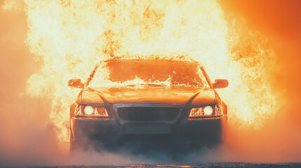 Wall Mural - A car engulfed in flames, a dramatic scene.