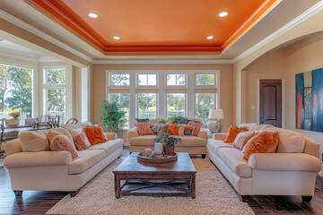 Wall Mural - Modern American style living room with wood flooring and orange accents