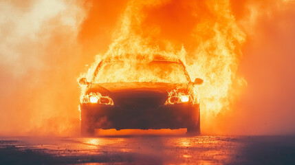 A car engulfed in flames, a dramatic and fiery scene.