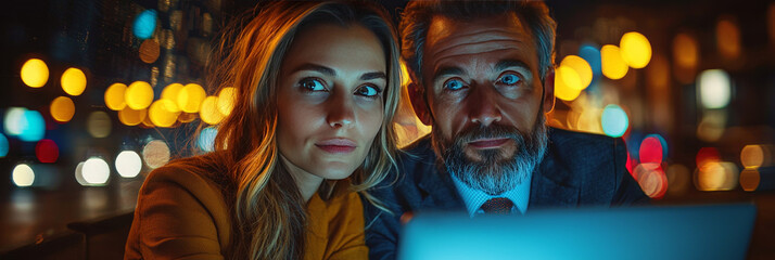 Poster - A young woman and an older man look at a laptop screen together at night.