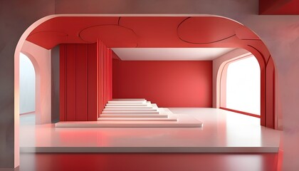 Wall Mural - Red Minimalist Three-Dimensional Architectural Interior with Abstract Elements