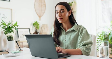 Poster - Home office, laptop and business woman typing email or creative story for remote work. Computer, startup and freelancer writing article for plants or eco friendly blog as environmental journalist