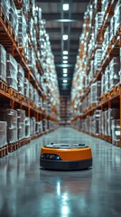Poster - Automated guided vehicle (AGV) driving down an aisle in a warehouse.