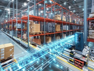 Leinwandbilder - automated warehouse with a conveyor belt carrying boxes and a digital network.