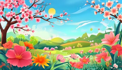 Wall Mural - Charming Cartoon Illustration of Springs Arrival with Lush Outdoor Scenery and Vibrant Colors