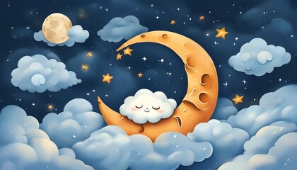 Wall Mural - Dreamy night sky with moon and clouds alongside a heartwarming illustration for World Autism Day celebration