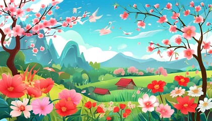 Wall Mural - Charming Cartoon Illustration of Springs Arrival with Lush Outdoor Scenery and Vibrant Colors