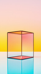 Poster - A clear glass cube sits on a reflective surface, reflecting the colorful background.