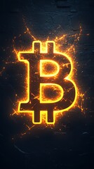 Poster - Bitcoin symbol in the shape of fire burning on a black brick wall.