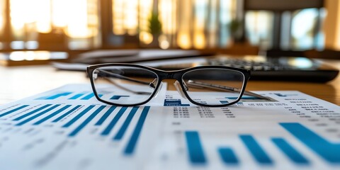 Poster - Black framed eyeglasses on a financial report with bar graphs.