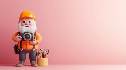 Wall Mural - A cheerful cartoon figure with a camera and tools, set against a pastel background.