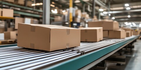 Poster - Cardboard boxes moving on conveyor belt in warehouse.