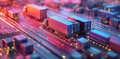 Poster - Cargo trucks on a futuristic road with glowing lines.