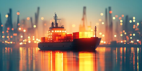Poster - Cargo ship with containers sailing through a glowing harbor at night.