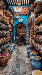 Wall Mural - Bustling Moroccan bazaar with vendors selling spices ceramics and handmade textiles