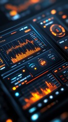 Fototapete - Close up view of a glowing futuristic digital interface with graphs and buttons.