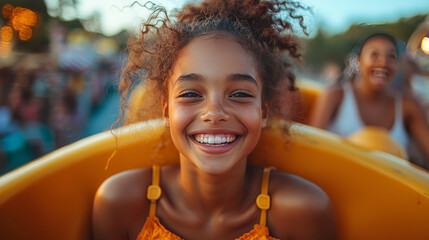 Wall Mural - A young girl with curly hair smiles widely while on a ride at an amusement park.