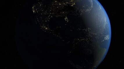 planet earth video from above looking towards the continents rotating in a realistic 3d animation, d