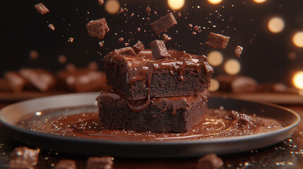 A close-up of a chocolate cake with chocolate drizzle on top. The cake is cut into two pieces and is sitting on a black plate. The image has a warm and inviting mood