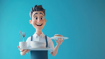 A cheerful character holding a tray with dishes and a dessert, showcasing hospitality.