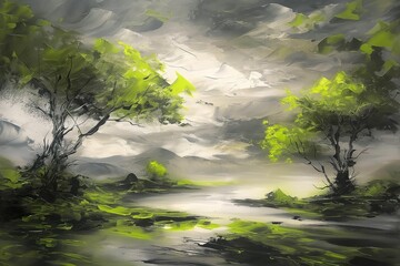 beautiful landscape painting on canvas in green, grey colors. modern art artwork with oil paint on c