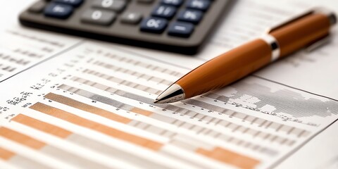 Aufkleber - Close-up of a pen lying on a table with a calculator and financial charts in the background.