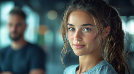 Poster - Young woman with blue eyes smiles at the camera.