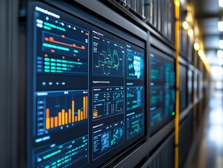 Fototapete - Close-up of a server rack with multiple monitors displaying graphs and data.