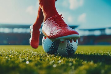 Close-up of a soccer player's red cleat kicking a white and black soccer ball on a green field.