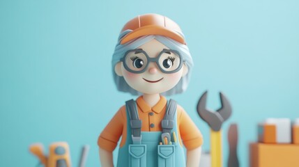 Wall Mural - A cheerful cartoon character in work attire, ready for a DIY project.