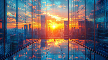 Poster - Sunset view from a skyscraper with the city skyline reflected in the glass floor.