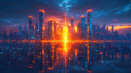 Poster - Futuristic cityscape reflected in water with vibrant glow.