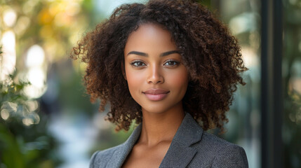 Canvas Print - Young woman with curly hair smiles softly at the camera.