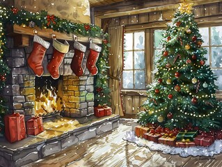 Wall Mural - Christmasthemed drawing with a cozy fireplace stockings hung and a beautifully decorated tree with lights and ornaments