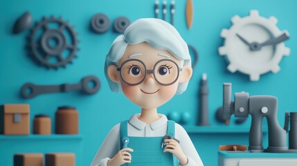 Wall Mural - A cheerful character with glasses and blue hair in a workshop setting.