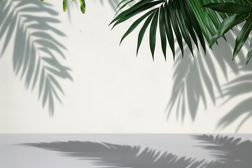 Poster - Tropical leaves with intricate patterns fall over a grey table, casting a shadow on a white background. Lush green foliage creates a decorative design. Exotic plants with bright colors and textures.