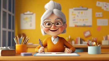 Wall Mural - A cheerful elderly woman drawing at a desk filled with art supplies in a colorful classroom.