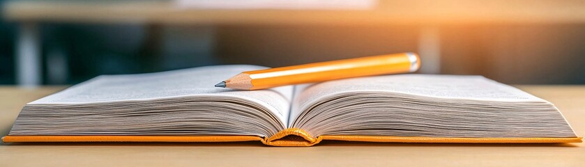 Open Book and Pencil on a Wooden Table