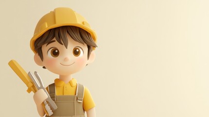 Wall Mural - A cheerful cartoon character wearing a hard hat and holding tools, symbolizing construction work.