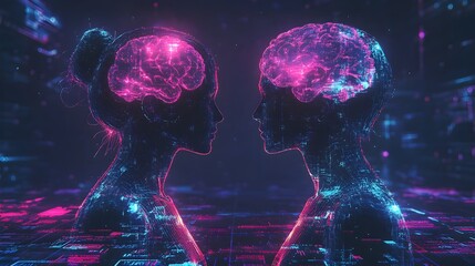 Two human silhouettes with intricate puzzle piece brains, facing each other across a desolate, foggy wasteland, highlighting the complexity of human thought