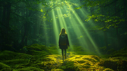 A person hiking through a dense forest trail, with sunlight breaking through the canopy and illuminating patches of the moss-covered ground