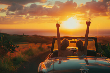 young couple driving in a vintage car on an open road at sunset, hands up in the air enjoying the view of the ocean and clouds from a mountain top highway. Travel concept for a romantic vacation 