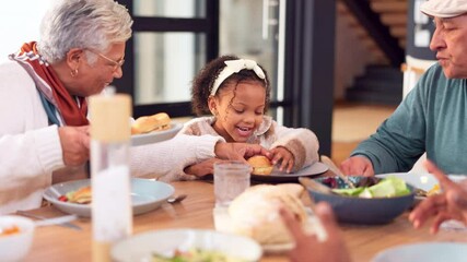 Sticker - Passing, big family and smile for dinner, child and happy grandparents in house, healthy diet and conversation. Dining room, people and celebration of thanksgiving, respect or eating of salad in home