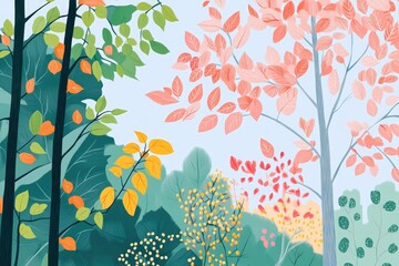 Wall Mural - Coloring book illustration of a vibrant autumn landscape with colorful leaves under a bright blue sky