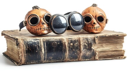 spooky book with goggles resting on top, adorned with halloween masks, vintage horror illustration, 